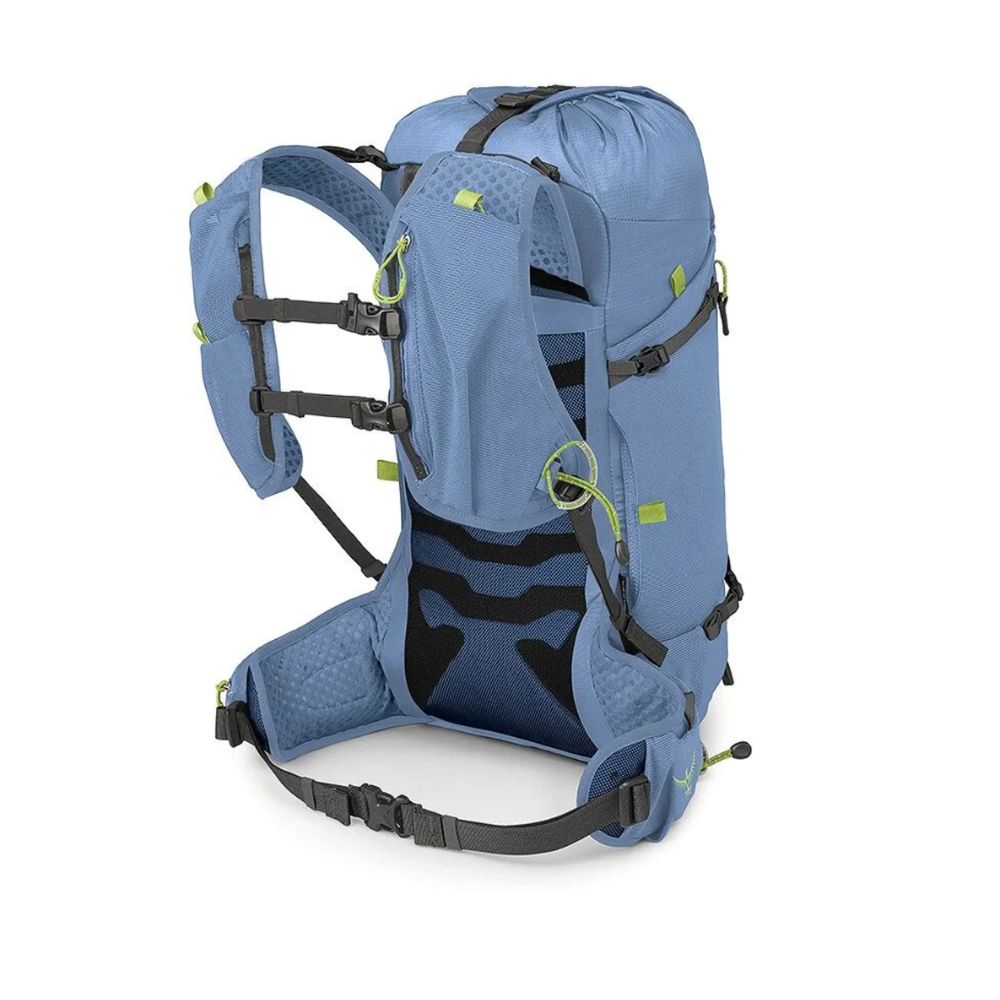 A blue technical hiking backpack with black straps and mesh padding, shown from a three-quarters angle on a white background.