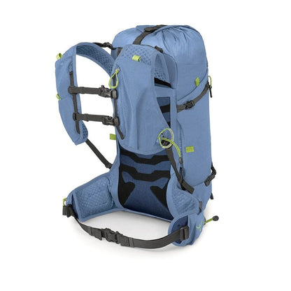 A blue technical hiking backpack with black straps and mesh padding, shown from a three-quarters angle on a white background.