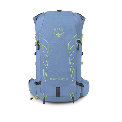A light blue Osprey hiking backpack shown from the back, featuring lime green geometric accents and black straps, set against a plain white background.