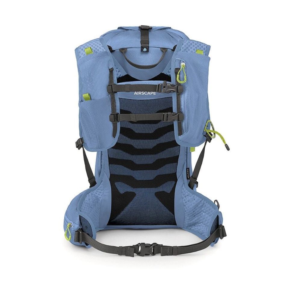 A light blue AIRSCAPE hiking backpack shown from the back, featuring a black and blue wavy ventilation back panel, black straps, and lime green accents on a white background.