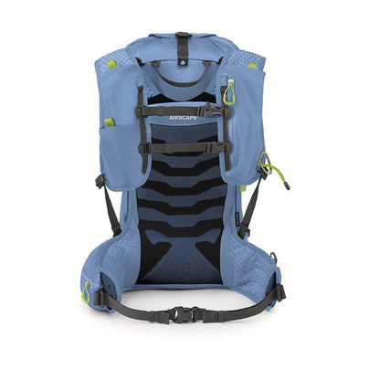 A light blue AIRSCAPE hiking backpack shown from the back, featuring a black and blue wavy ventilation back panel, black straps, and lime green accents on a white background.