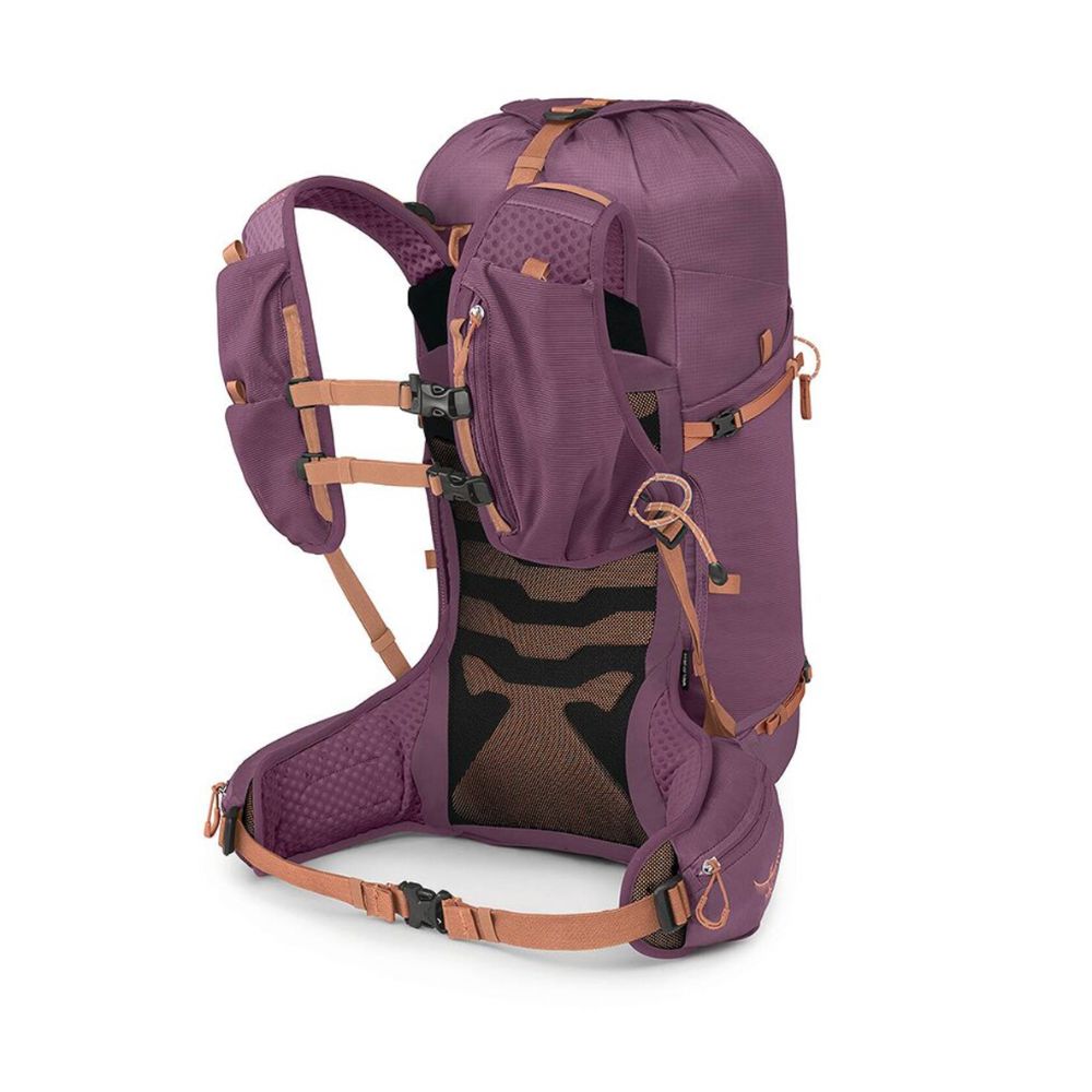 A purple hiking backpack with tan straps and buckles, shown from a three-quarters angle on a white background.