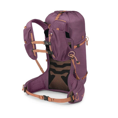 A purple hiking backpack with tan straps and buckles, shown from a three-quarters angle on a white background.