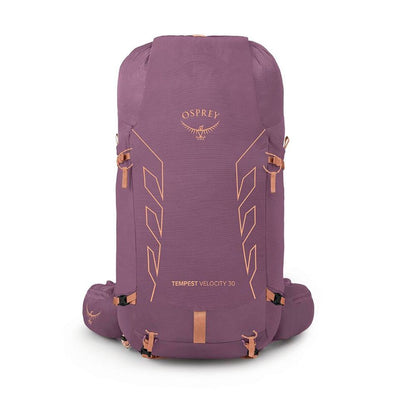 A purple Osprey backpack shown from the back, featuring copper-colored geometric accents and straps, on a clean white background.