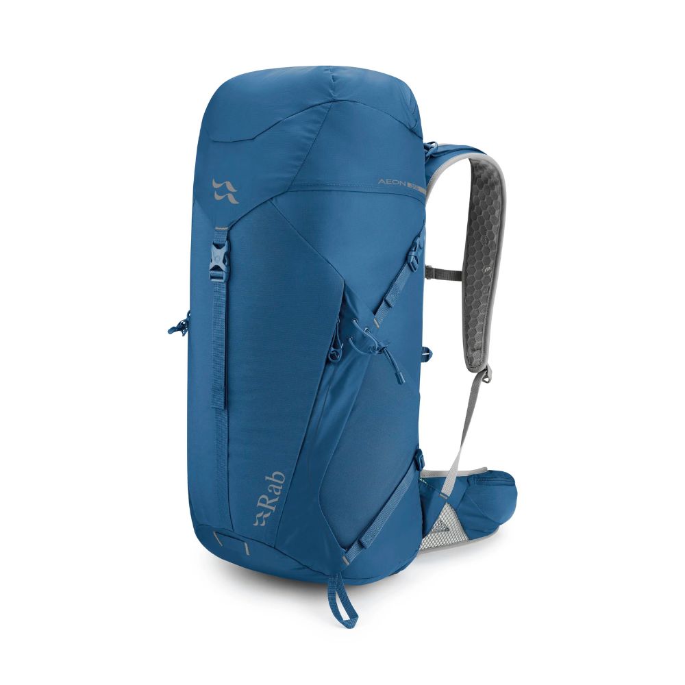 Blue Rab hiking backpack on a white background