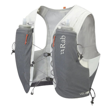 Gray and white running vest with water bottles on a white background