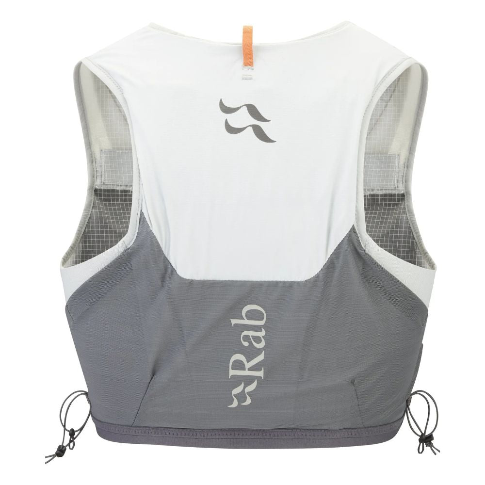 Gray and white running vest with 'Rab' branding on a white background