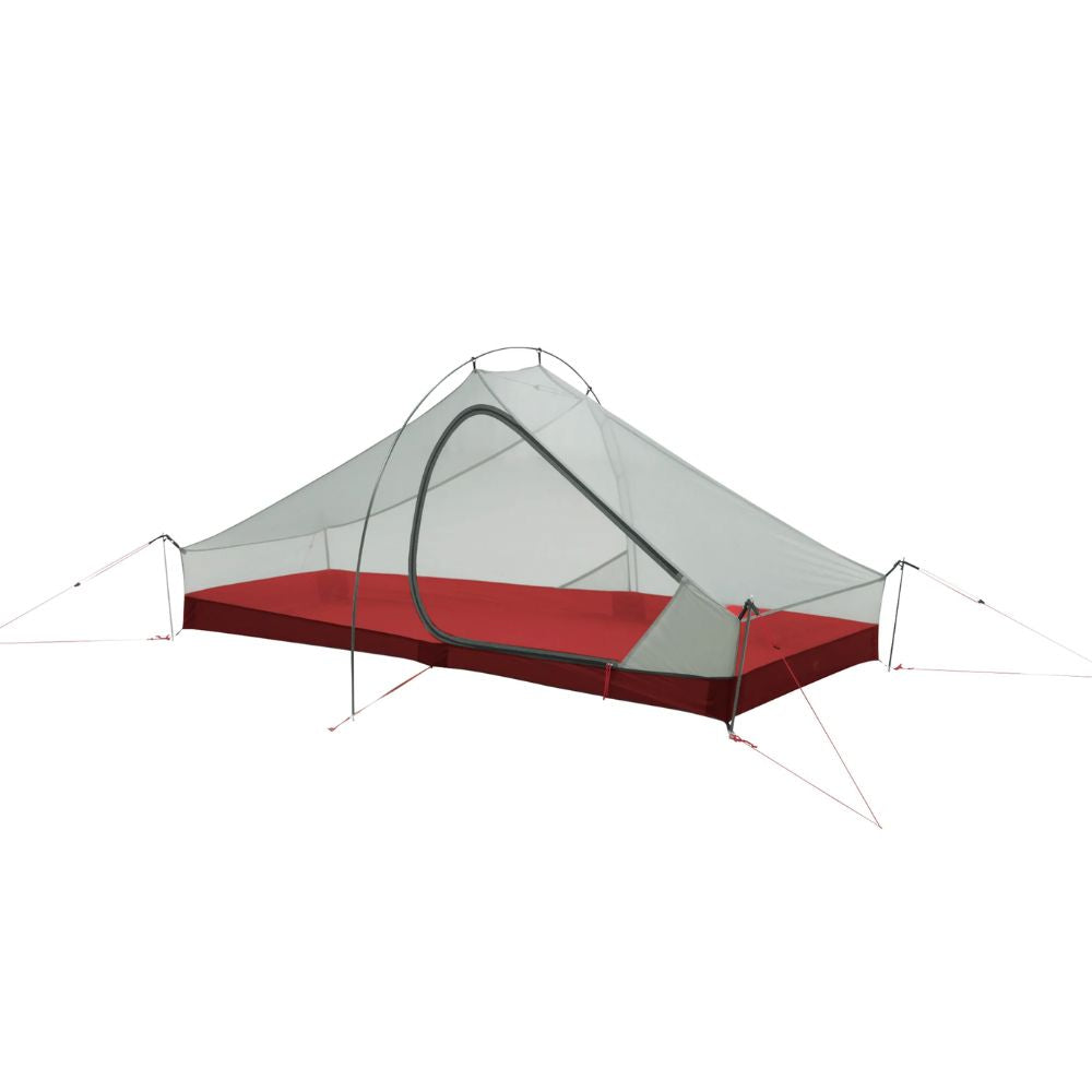 Camping tent with red interior on a white background