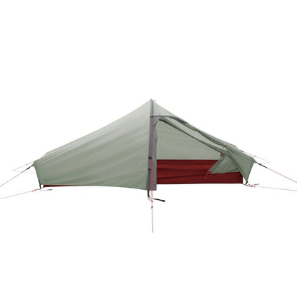 A lightweight camping tent with a sage green flysheet and a red inner tent, shown from a side angle against a solid white background.
