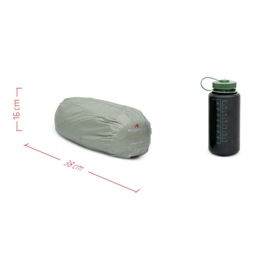 Small gray rain cover and black water bottle with green cap on a white background