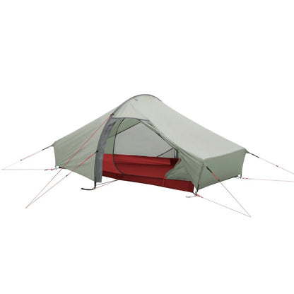 A two-person camping tent with a light sage green flysheet, gray mesh walls, and a red interior sleeping bag visible, shown on a plain white background.