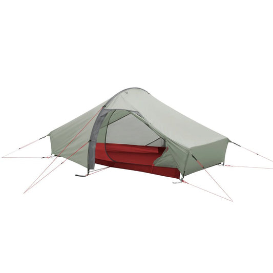 A two-person camping tent with a light sage green flysheet, gray mesh walls, and a red interior sleeping bag visible, shown on a plain white background.