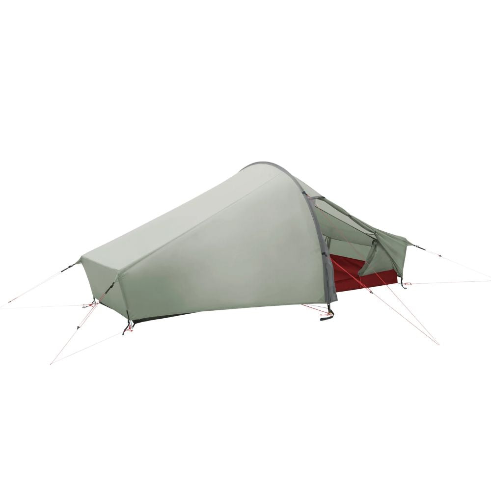 Light gray camping tent with red accents on a white background
