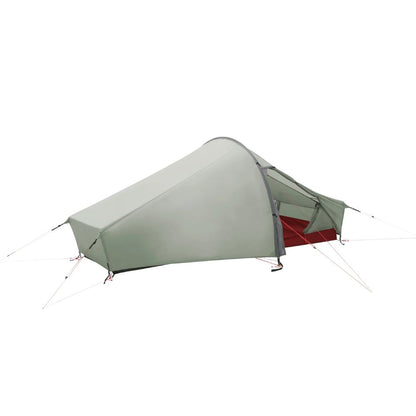 Light gray camping tent with red accents on a white background