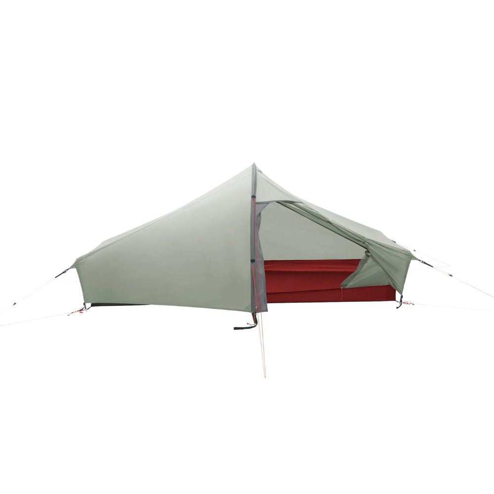 A lightweight camping tent with a sage green flysheet and a red inner tent, shown on a solid white background.
