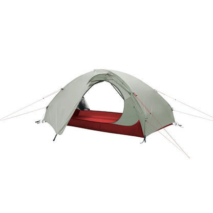 Camping tent with red interior on a white background