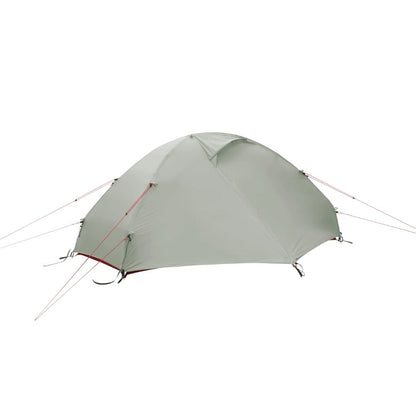 Green camping tent with red accents on a white background