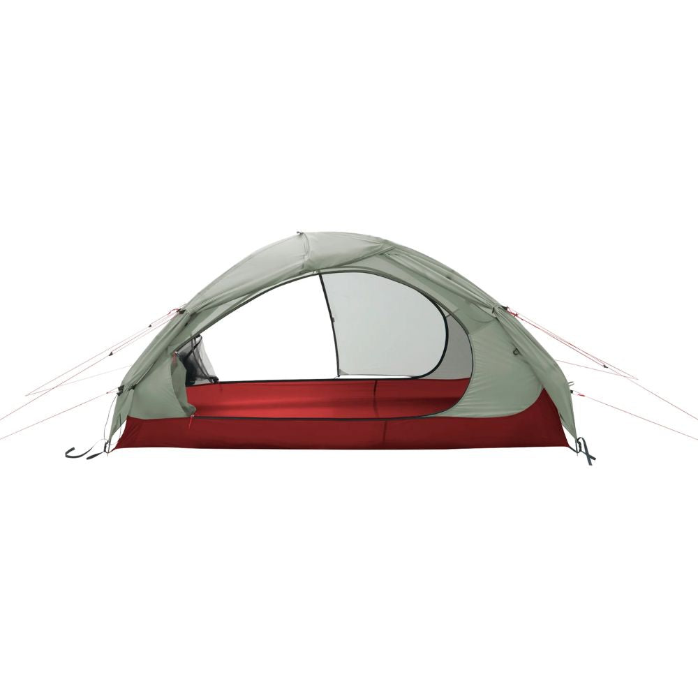 A two-person dome camping tent with a sage green fly sheet and a red ground sheet, shown from the front on a solid white background.