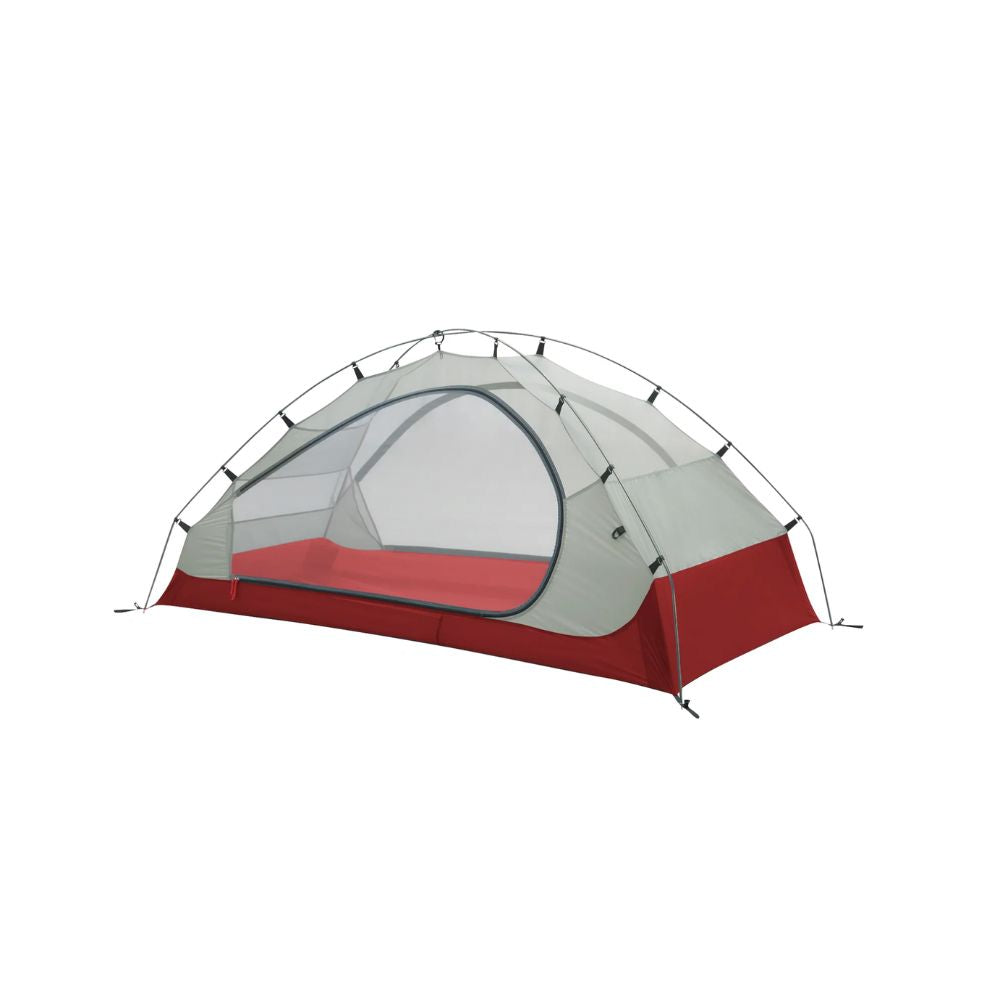 A dome-style camping tent with a light gray mesh body, red lower floor, and black guy lines, shown on a plain white background.