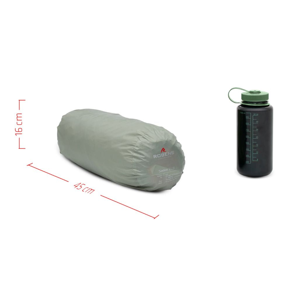A gray cylindrical camping sleeping bag shown on a white background with red dimension lines indicating 45 cm length and 16 cm height, alongside a black Napatank water bottle with a green cap.