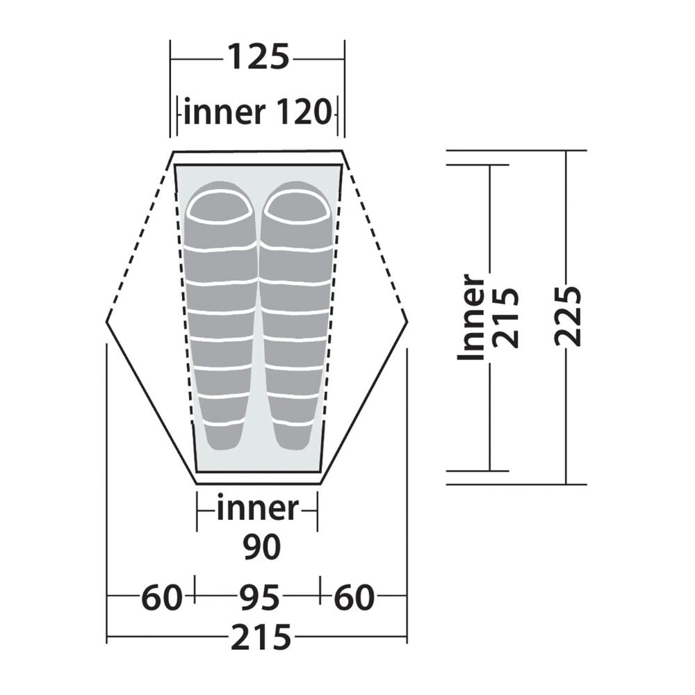A technical dimension diagram of a sleeping bag footprint, showing measurements in millimeters for width and height, with the sleeping bag footprint illustrated in the center.