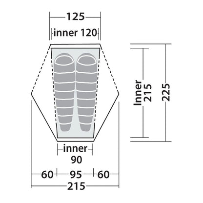 A technical dimension diagram of a sleeping bag footprint, showing measurements in millimeters for width and height, with the sleeping bag footprint illustrated in the center.