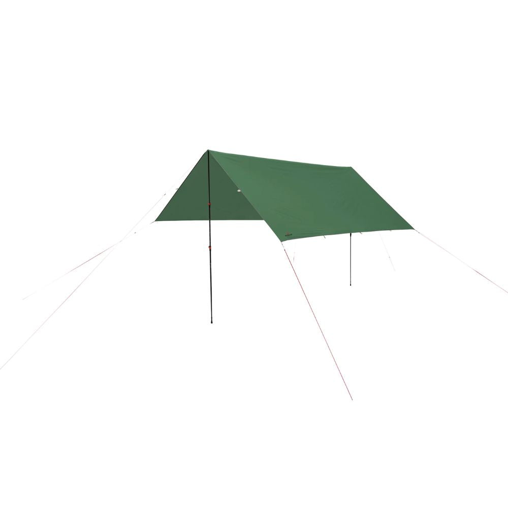 A green camping tarp shelter with support poles and guy lines, shown against a solid white background.