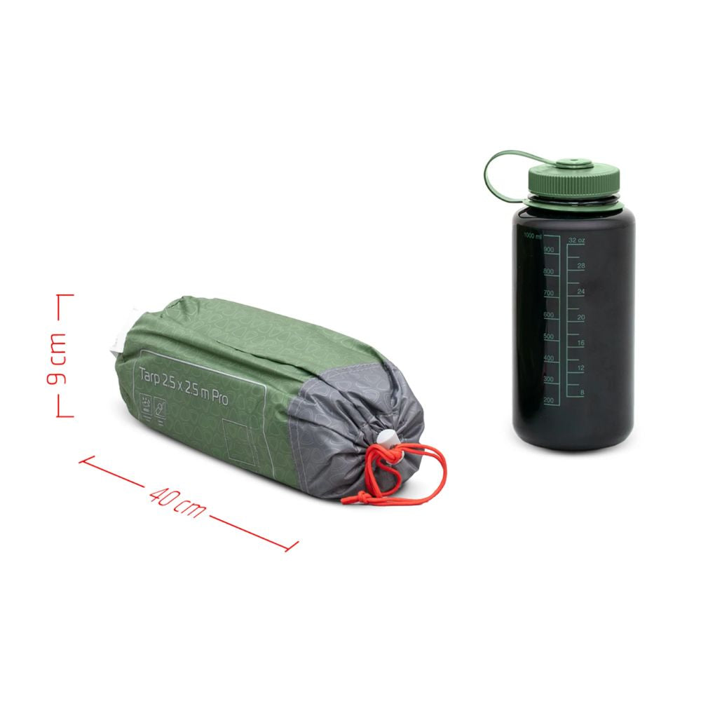 Black water bottle with green cap and gray and green sleeping bag with red drawstring on a white background