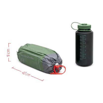 Black water bottle with green cap and gray and green sleeping bag with red drawstring on a white background
