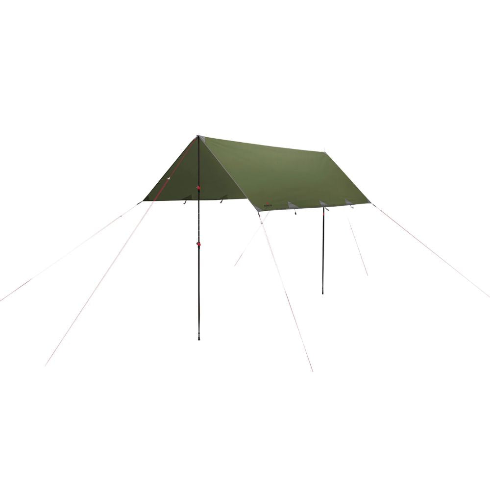 An olive green camping tarp shelter with black poles and white guy lines, shown against a solid white background.