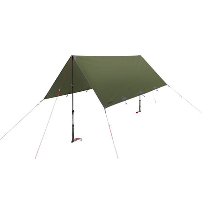 Green camping tarp with poles on a white background