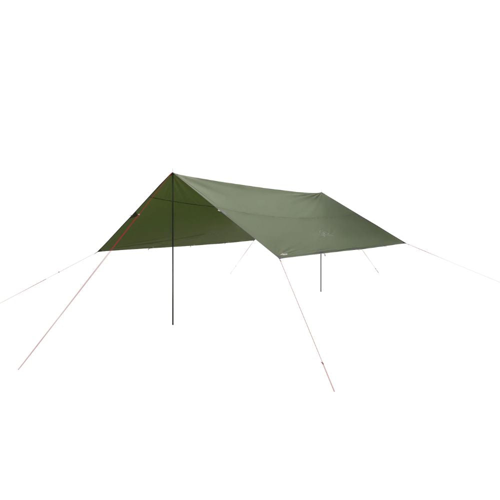 An olive green tarp shelter with white guy lines and poles, shown set up against a solid white background.