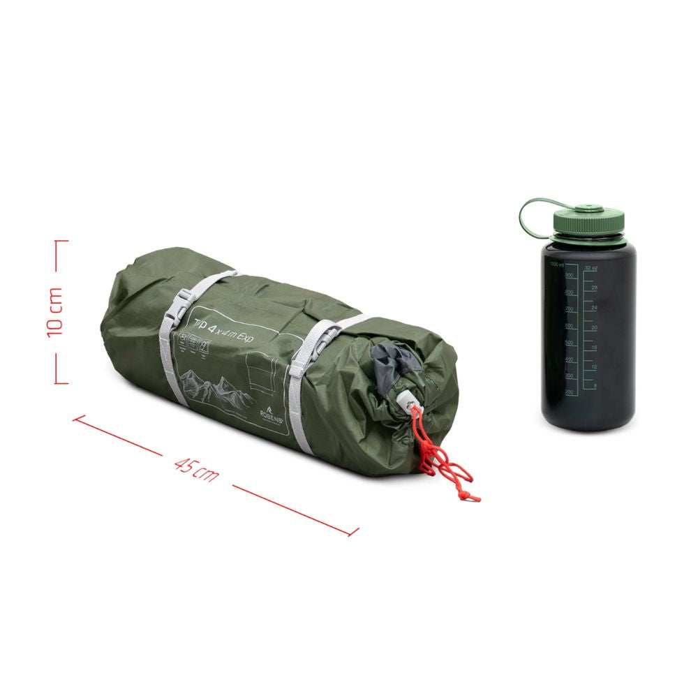 Green rolled-up sleeping bag with dimensions and a black water bottle on a white background