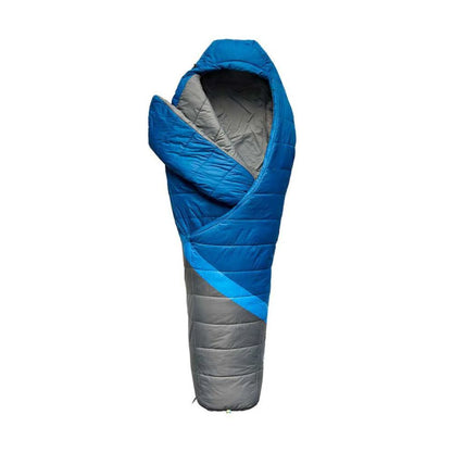 Blue and gray sleeping bag on a white background