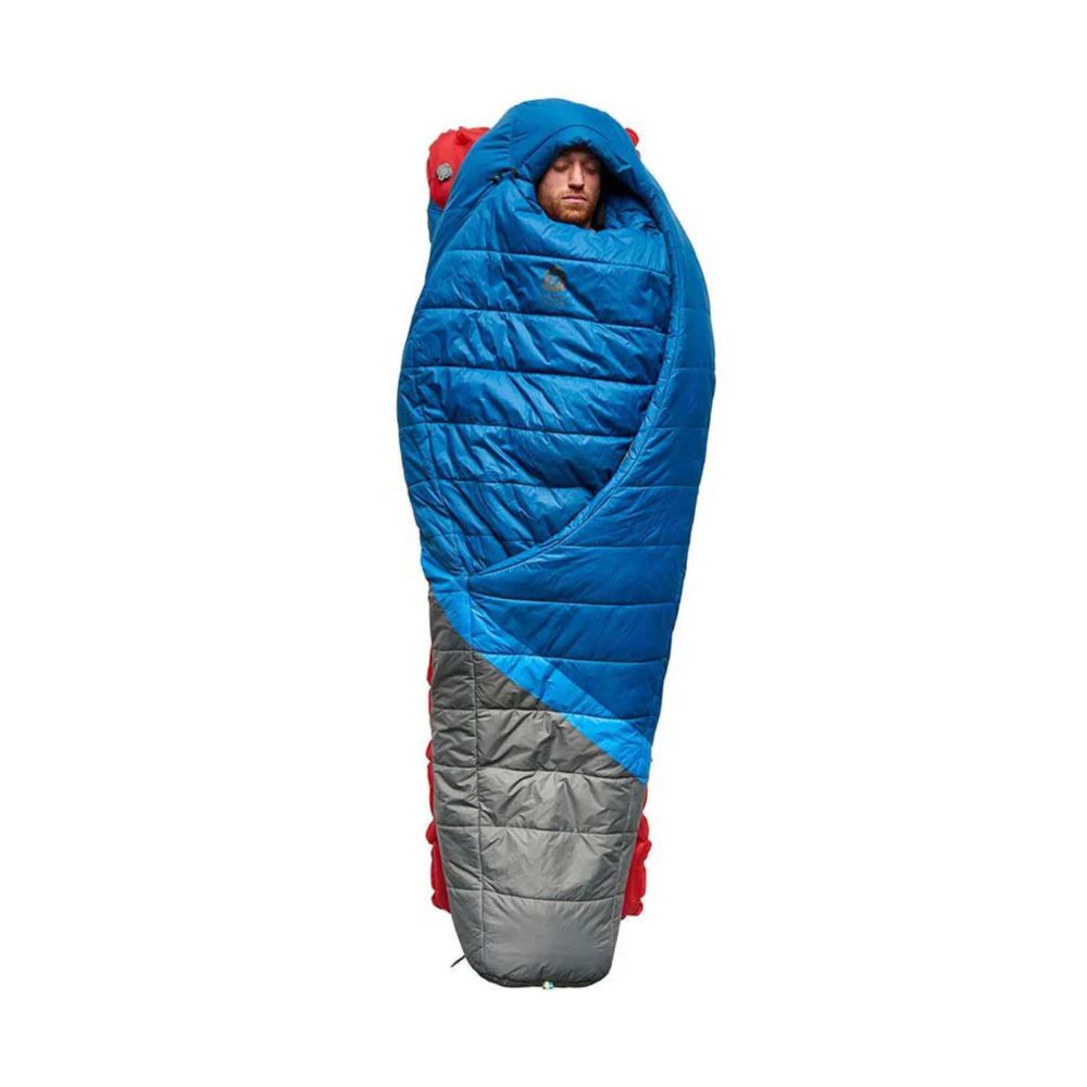 Person inside a blue and gray sleeping bag on a white background