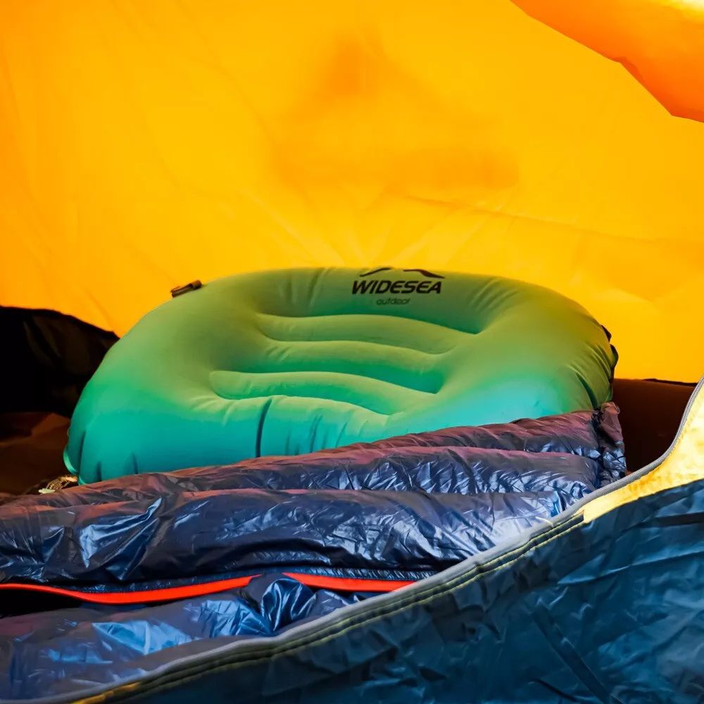 Widesea Inflatable Camping Pillow (Teal) in tent