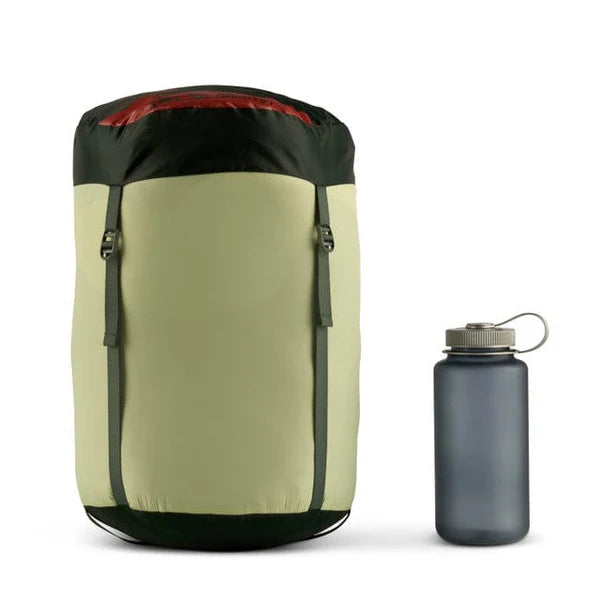 Green backpack and gray water bottle on a white background