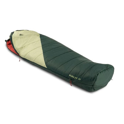 Green and beige sleeping bag with 'Kelty' branding on a white background