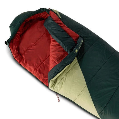 Multicolored sleeping bag with red interior on a white background