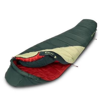 Green and beige sleeping bag with red interior on a white background