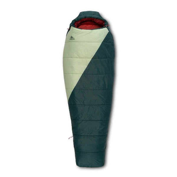 Green and beige sleeping bag on a white background