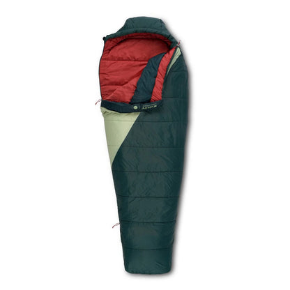 Green and red sleeping bag on a white background