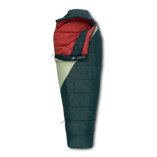 Green and red sleeping bag on a white background